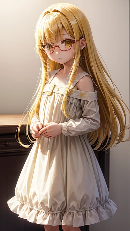 Highest quality、White background、1人のの女の子、(((((Lori)))))、(((child)))、Young、(((he is short)))、yandere face、((BREAK Light yellow straight hair))、(((Are thin)))、Yellow Eyes、Round Glasses、White dress、((((Stylish))))