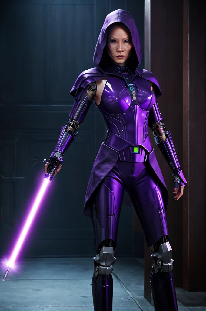 Lucy Liu (age 25)(evil sith witch, cybernetic legs, evil tattoos, sexy skin tight evil outfit with purple trim), purple light saber, purple force lightning dances on her
