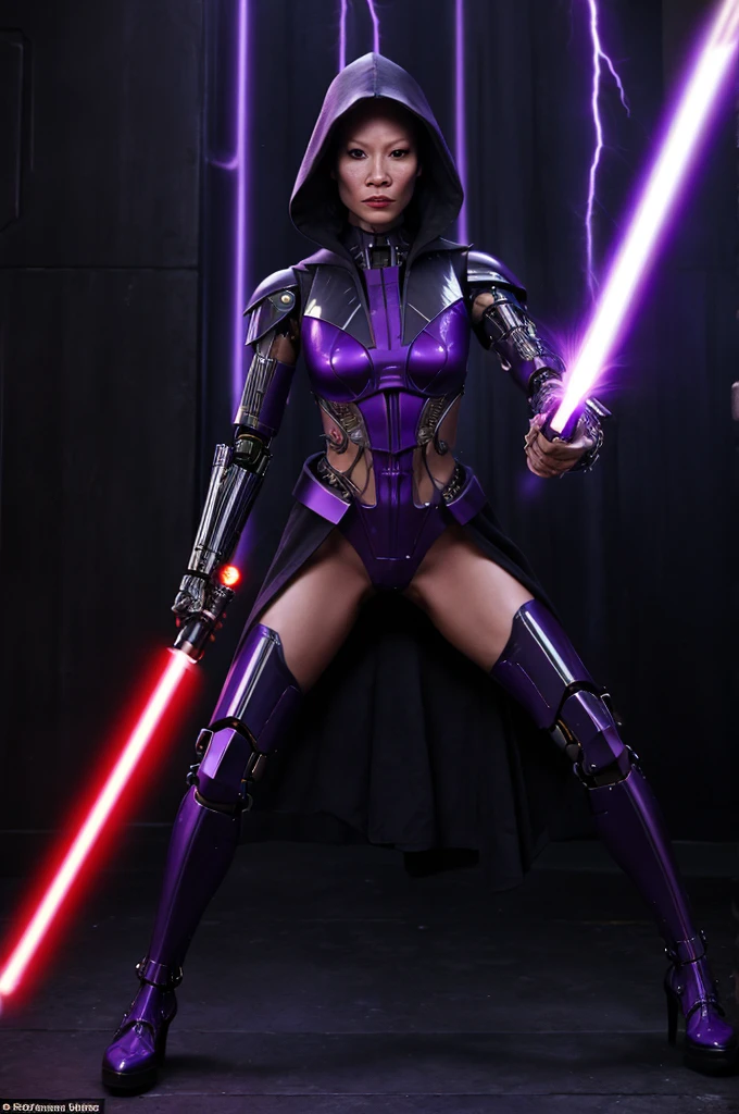 Lucy Liu (age 25)(evil sith witch, cybernetic legs, evil tattoos, sexy skin tight evil outfit with purple trim), purple light saber, purple force lightning dances on her
