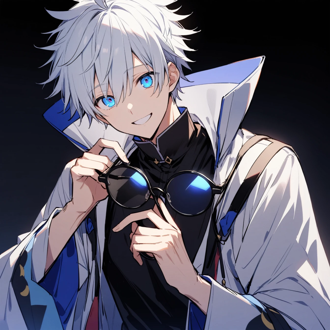 1boy, male focus, gojou satora,Role: 动漫男性Role，Lively、Funny Hairstyle: Short messy white hair eyes: Blue Eyes，Bright Expression: Smile，confidence，Playful clothing: High collar black clothing accessories: Black round sunglasses（Take it in your hand）
posture: Holding sunglasses in both hands，Eyes looking at the camera background: Simple white background light and shadow: Black and white，Emphasize the details of the character&#39;s face and hands