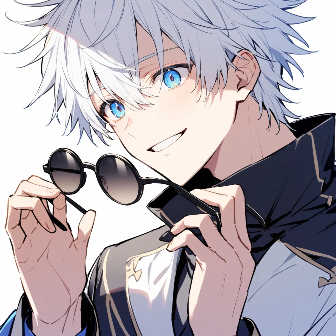 1boy, male focus, gojou satora,Role: 动漫男性Role,Lively、Funny Hairstyle: Short messy white hair eyes: Blue Eyes,Bright Expression: Smile,confidence,Playful clothing: High collar black clothing accessories: Black round sunglasses(Take it in your hand)
posture: Holding sunglasses in both hands,Eyes looking at the camera background: Simple white background light and shadow: Black and white,Emphasize the details of the character's face and hands