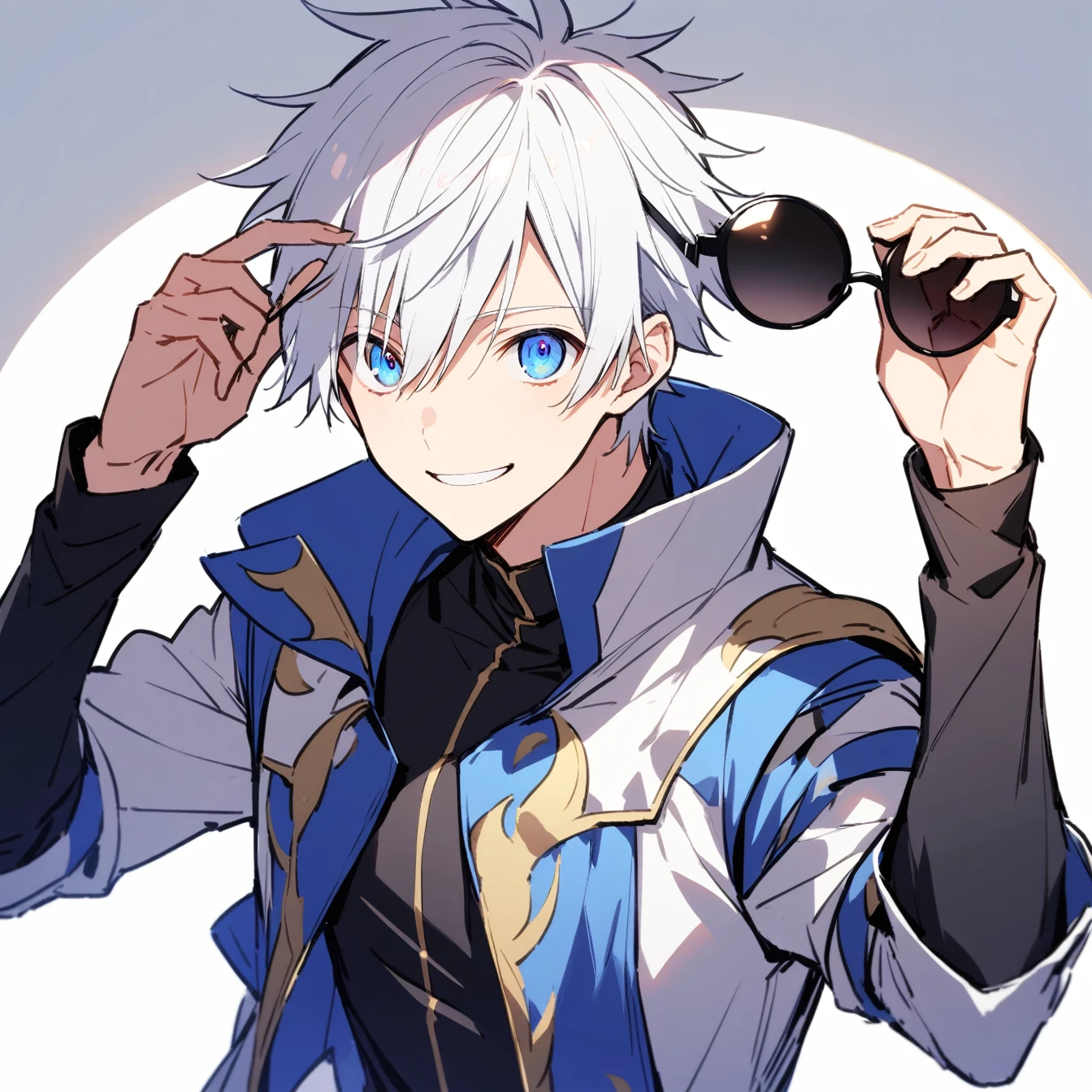 1boy, male focus, gojou satora,Role: 动漫男性Role,Lively、Funny Hairstyle: Short messy white hair eyes: Blue Eyes,Bright Expression: Smile,confidence,Playful clothing: High collar black clothing accessories: Black round sunglasses(Take it in your hand)
posture: Holding sunglasses in both hands,Eyes looking at the camera background: Simple white background light and shadow: Black and white,Emphasize the details of the character's face and hands