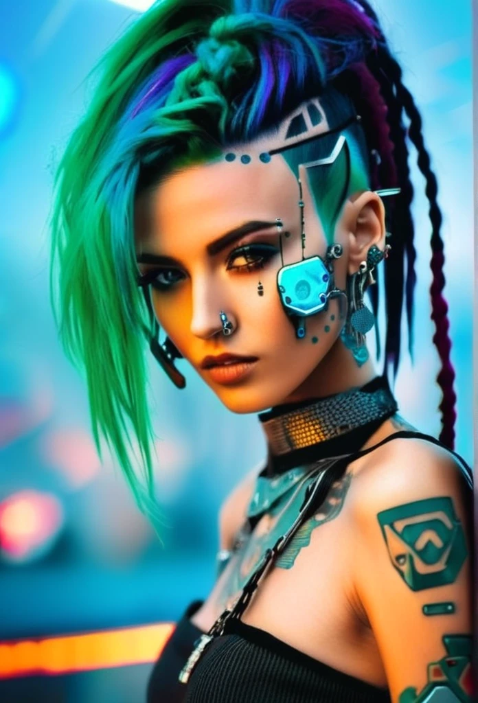 a woman with a piercing on her face , cyberpunk style