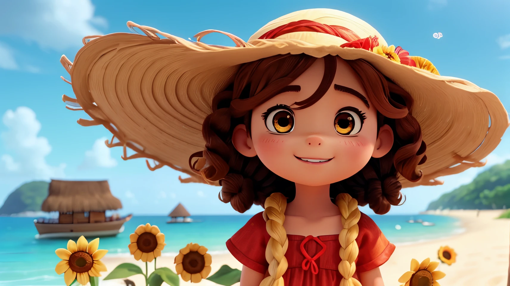 Light skin、Big, round eyes、、Braided hairstyle、Wearing a straw hat、Wearing a red dress、Brown Hair Color、Have sunflower flowers、Ocean、Tropical、Beach、Lift the corners of your mouth、Laughing、Only one girl、Standing、Close-up photography、White Dog、Fluffy furry dog、A dog with curly brown eyes