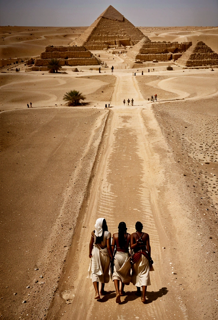 Create the exodus of the Hebrews, a population of eight thousand black people leaving ancient Egypt leaving the pyramids of Egypt behind them walking in the desert.