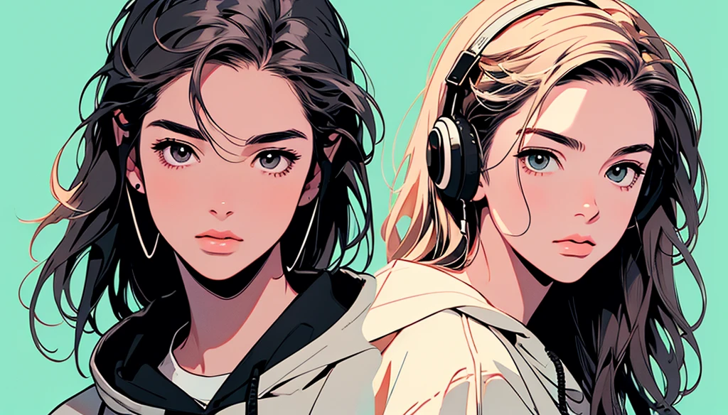2D illustration, アニメ, Manga style, whole body,ASİAN, Bishamon from noragami, 1 Girl, Big Hair, Shortcuts, {{full name eyes}}, create, High resolution, masterpiece, Highest quality, High detail, High detailed eyes, Grain Filter, Detailed Lips, High resolution, Super detailed, Portraiture, Realistic ratio, Anatomically correct, Beautiful young woman, Erin Moriarty pairing:0.7, joey king:0.5, Sydney Sweeney:0.whole bodyポートレート, Illustrator, アニメ , Realistic ,sketch , 1 Boy, ,Lip, hoodie,Order, Blue gradient background, Neon Hair,Textured Trim, (masterpiece,Highest quality), lofi, Battle DJ girl in HIPHOP fashion wearing DJ headphones
