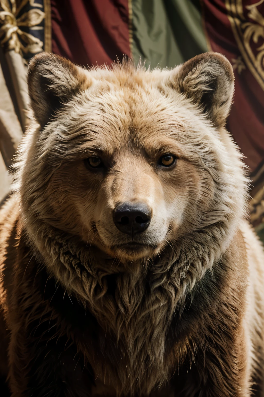 Medieval royalty flag with the following characteristics: pine green color, grizzly bear animal, crimson red color, arctic fox animal
