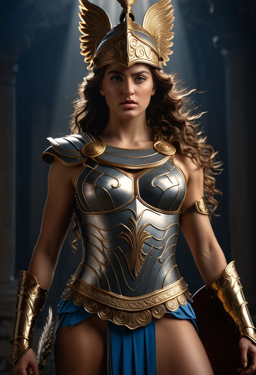 (a beautiful greek goddess athena,goddess of wisdom and war), intricate detailed face, intense eyes, flowing hair, elegant greek armor, detailed muscular physique, (photorealistic,ultra-detailed,8k,best quality,masterpiece:1.2),dramatic lighting,cinematic composition,chiaroscuro lighting,dramatic shadows,vibrant colors,epic fantasy art