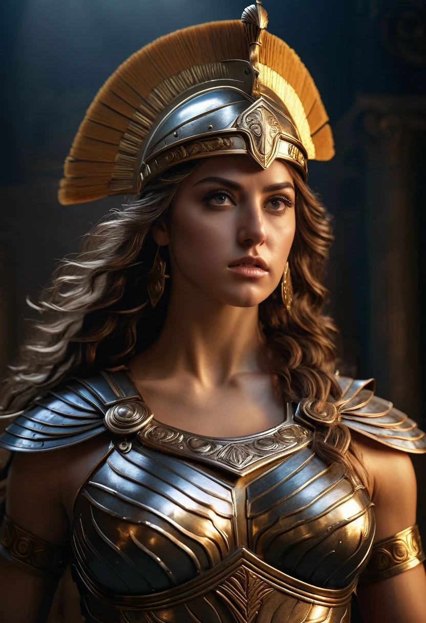 (a beautiful greek goddess athena,goddess of wisdom and war), intricate detailed face, intense eyes, flowing hair, elegant greek armor, detailed muscular physique, (photorealistic,ultra-detailed,8k,best quality,masterpiece:1.2),dramatic lighting,cinematic composition,chiaroscuro lighting,dramatic shadows,vibrant colors,epic fantasy art