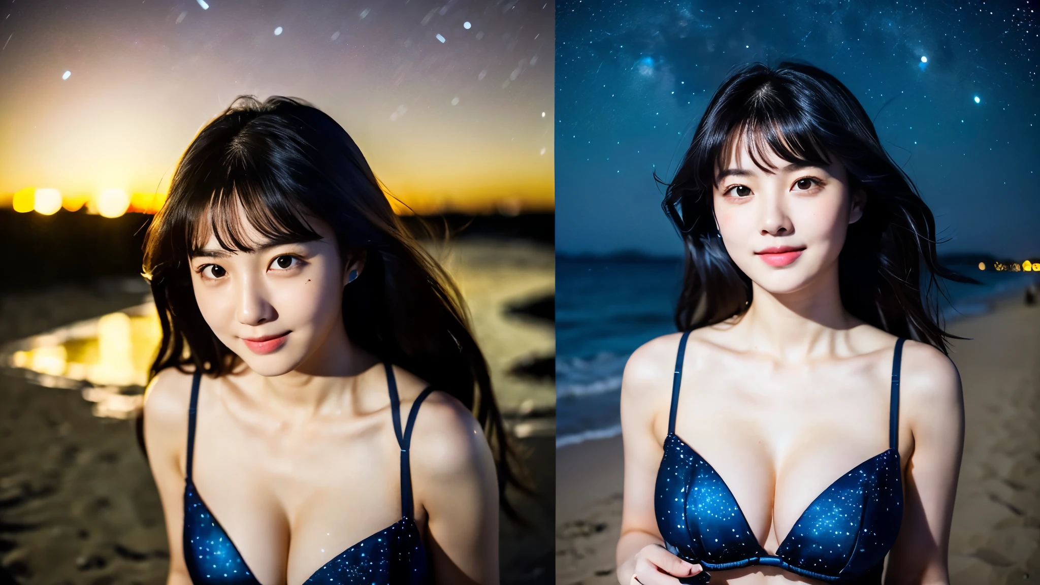 A very cute face like an idol、One 20-year-old woman with a youthful appearance、(Cleavage)、(((Beautiful starry sky on the beach at night)))、((Very dim lighting))、((Don't expose your face to the light))、((Long-distance shot))、RAW Photos、Genuine、live-action、(Artistic Expression)、High resolution、masterpiece