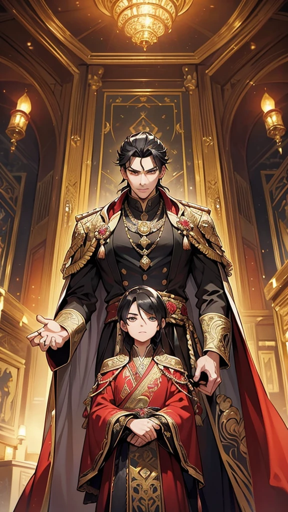 A strikingly handsome young man stands with an air of supreme confidence, his posture exuding authority and superiority. His face is sharp and chiseled, with high cheekbones, a strong jawline, and piercing dark eyes that gleam with a mix of intelligence and arrogance. His long, jet-black hair is tied back in a high ponytail, with a few rebellious strands falling over his forehead. He is dressed in an opulent, dark crimson robe with intricate silver embroidery depicting mythical beasts, symbolizing his noble and powerful lineage. His robe is paired with a black inner garment and a wide, silver sash around his waist, from which hangs a beautifully crafted jade pendant. His hands are adorned with rings, each inset with rare gemstones that subtly pulse with a mystical energy, hinting at his mastery of supernatural powers.
**Background:**
The setting is a grandiose hall within an ancient, luxurious manor, filled with the aura of power and prestige. The hall is adorned with ornate pillars and elaborate tapestries depicting legendary battles and mystical creatures. Golden lanterns cast a warm, ethereal glow, enhancing the majestic atmosphere. In the background, large windows reveal a vast, manicured garden with exotic plants and shimmering pools, further emphasizing the wealth and status of his family. The young master stands at the center, with an air of haughty indifference, as if the world revolves around him.
