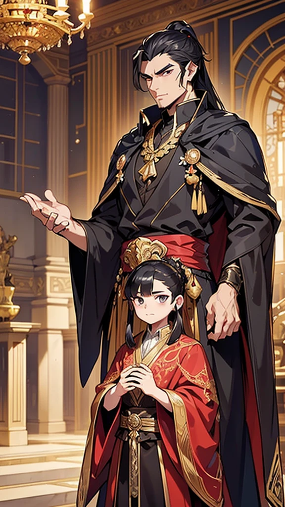 
A strikingly handsome young man stands with an air of supreme confidence, his posture exuding authority and superiority. His face is sharp and chiseled, with high cheekbones, a strong jawline, and piercing dark eyes that gleam with a mix of intelligence and arrogance. His long, jet-black hair is tied back in a high ponytail, with a few rebellious strands falling over his forehead. He is dressed in an opulent, dark crimson robe with intricate silver embroidery depicting mythical beasts, symbolizing his noble and powerful lineage. His robe is paired with a black inner garment and a wide, silver sash around his waist, from which hangs a beautifully crafted jade pendant. His hands are adorned with rings, each inset with rare gemstones that subtly pulse with a mystical energy, hinting at his mastery of supernatural powers.

**Background:**
The setting is a grandiose hall within an ancient, luxurious manor, filled with the aura of power and prestige. The hall is adorned with ornate pillars and elaborate tapestries depicting legendary battles and mystical creatures. Golden lanterns cast a warm, ethereal glow, enhancing the majestic atmosphere. In the background, large windows reveal a vast, manicured garden with exotic plants and shimmering pools, further emphasizing the wealth and status of his family. The young master stands at the center, with an air of haughty indifference, as if the world revolves around him.