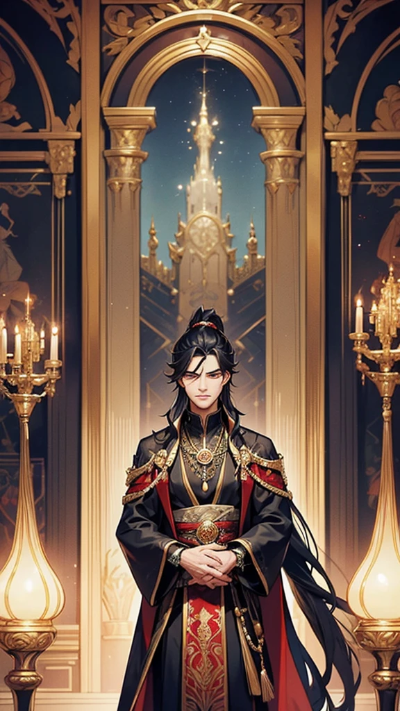 A strikingly handsome young man stands with an air of supreme confidence, his posture exuding authority and superiority. His face is sharp and chiseled, with high cheekbones, a strong jawline, and piercing dark eyes that gleam with a mix of intelligence and arrogance. His long, jet-black hair is tied back in a high ponytail, with a few rebellious strands falling over his forehead. He is dressed in an opulent, dark crimson robe with intricate silver embroidery depicting mythical beasts, symbolizing his noble and powerful lineage. His robe is paired with a black inner garment and a wide, silver sash around his waist, from which hangs a beautifully crafted jade pendant. His hands are adorned with rings, each inset with rare gemstones that subtly pulse with a mystical energy, hinting at his mastery of supernatural powers.
**Background:**
The setting is a grandiose hall within an ancient, luxurious manor, filled with the aura of power and prestige. The hall is adorned with ornate pillars and elaborate tapestries depicting legendary battles and mystical creatures. Golden lanterns cast a warm, ethereal glow, enhancing the majestic atmosphere. In the background, large windows reveal a vast, manicured garden with exotic plants and shimmering pools, further emphasizing the wealth and status of his family. The young master stands at the center, with an air of haughty indifference, as if the world revolves around him.