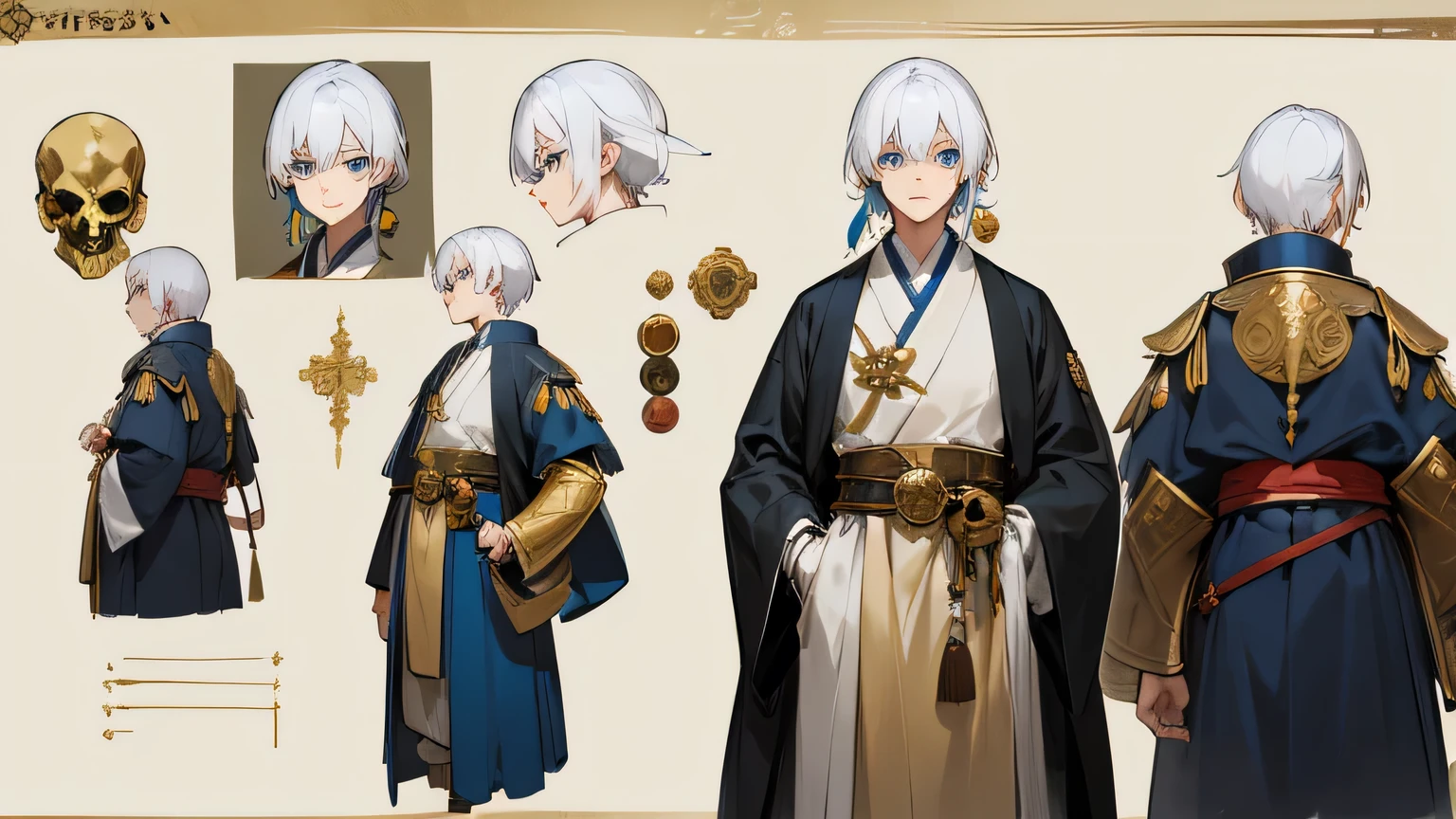White Hair,Japanese anime style,Blue Eyes,merchant,Feather earrings,Holding a skull mask in the left hand,European medieval costumes,Toss a gold coin with the right hand,Boys,Beautiful detailed boycharacter reference sheet,pixiv