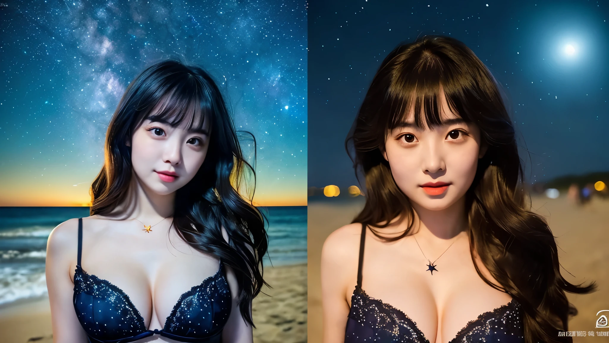 A very cute face like an idol、One 20-year-old woman with a youthful appearance、(Cleavage)、(((Beautiful starry sky on the beach at night)))、((Very dim lighting))、((Don't expose your face to the light))、((Long-distance shot))、RAW Photos、Genuine、live-action、(Artistic Expression)、High resolution、masterpiece