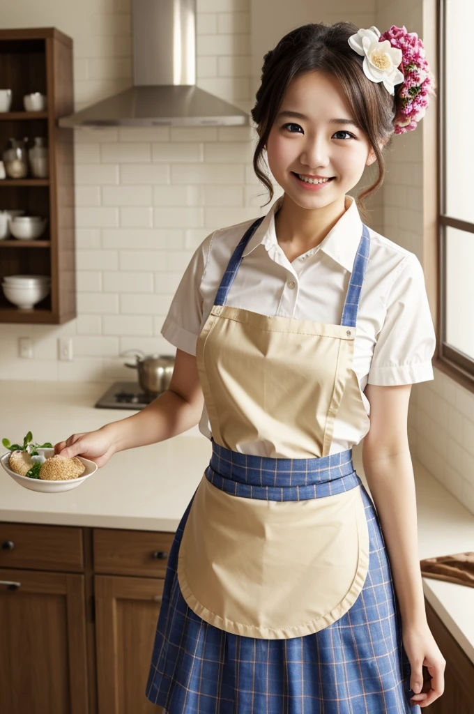 1 girl、smile、shirt、skirt、apron、hair ornaments、cream hair、maid、maidコスチューム、(small breasts)、Wind、