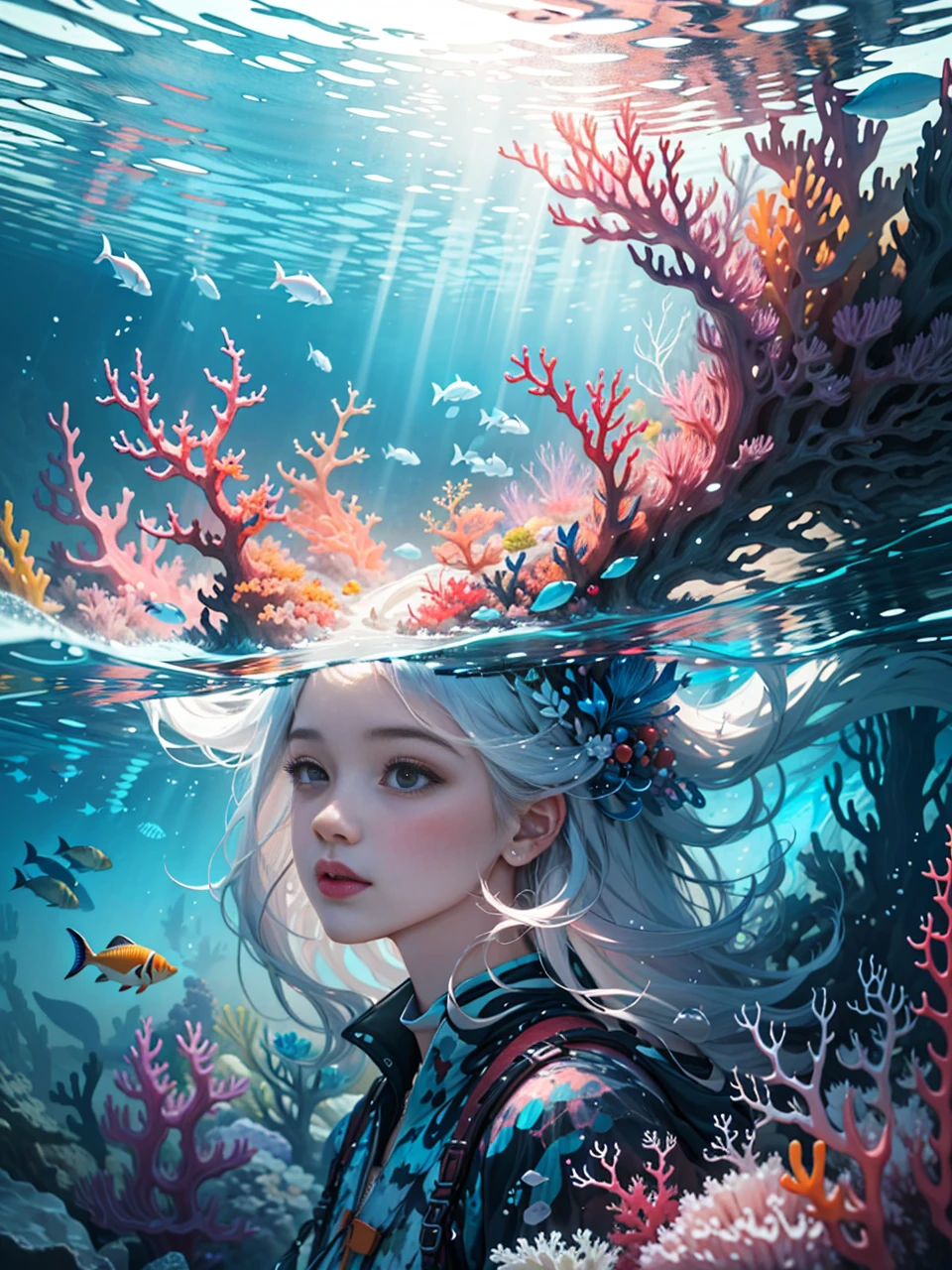 Conceptual art of marine life, Undersea landscape, Marine life,Beautiful coral reefs come in different shapes, 3D,, Fish, Female animated fantasy illustration. Long white hair scattered in the sea, Drift, Very harmonious. The whole painting adopts a messy and imaginative painting style. The colors are bright and saturated, And with smooth lines. The mystery and beauty of the ocean, The painting depicts an underwater world full of life and vitality, Animated art wallpaper 8 K