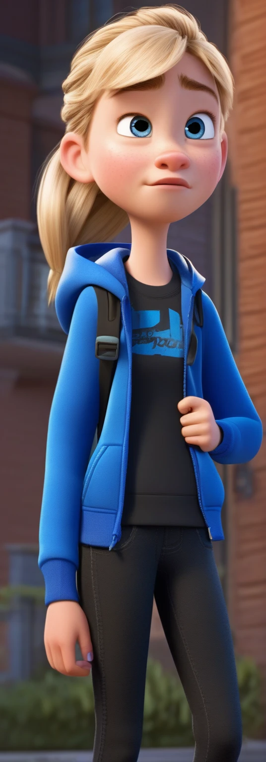 a disney pixar character of a girl in a blue jacket and black pants, wearing a blue hoodie, blonde hair, blue eyes, ponytail, angry look, furious, braces