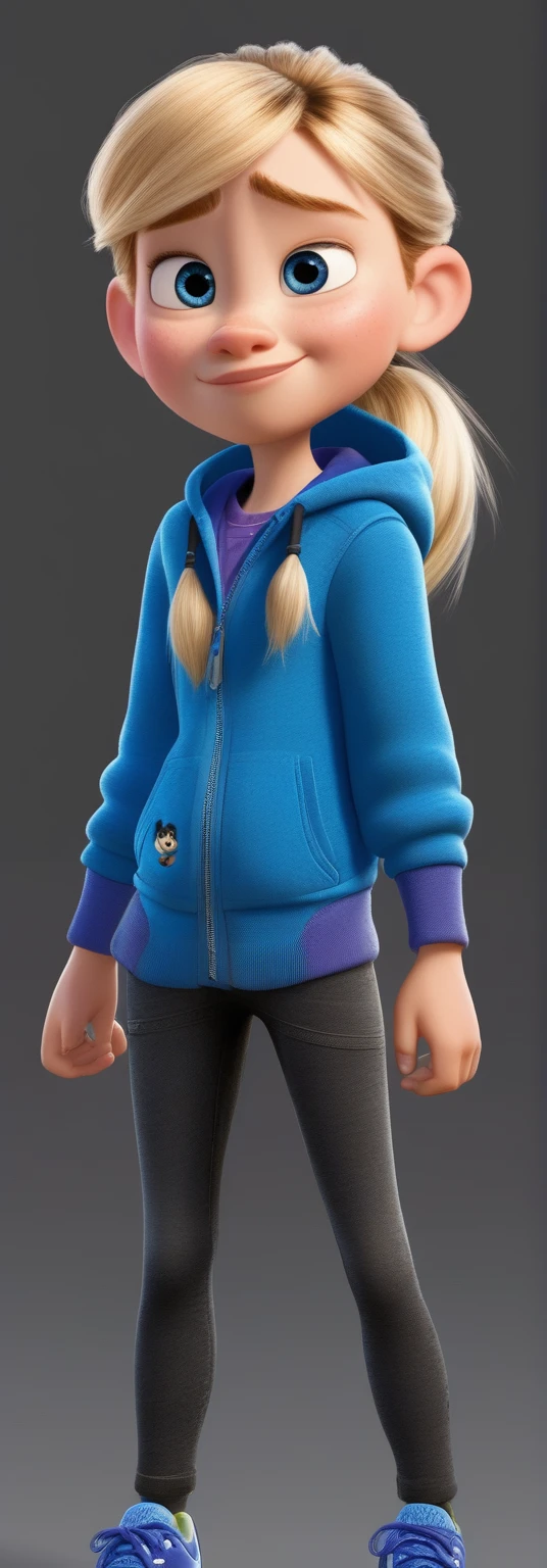 a disney pixar character of a girl in a blue jacket and black pants,  wearing a blue hoodie, blonde hair, blue eyes, ponytail, angry look, furious, braces