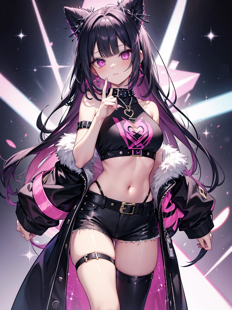 1girl, solo, gorgeous pink eyes, bedazzling pink eyes, beautiful long black hair, tube top, black jeans with punk studded belt, sexy pose, starlight, glitter, sparkles, กางเกงในสีขาว, โชว์กางเกงใน, ถ่างขา,