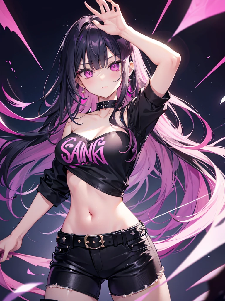 1girl, solo, gorgeous pink eyes, bedazzling pink eyes, beautiful long black hair, tube top, black jeans with punk studded belt, sexy pose, starlight, glitter, sparkles, กางเกงในสีขาว, โชว์กางเกงใน, ถ่างขา,