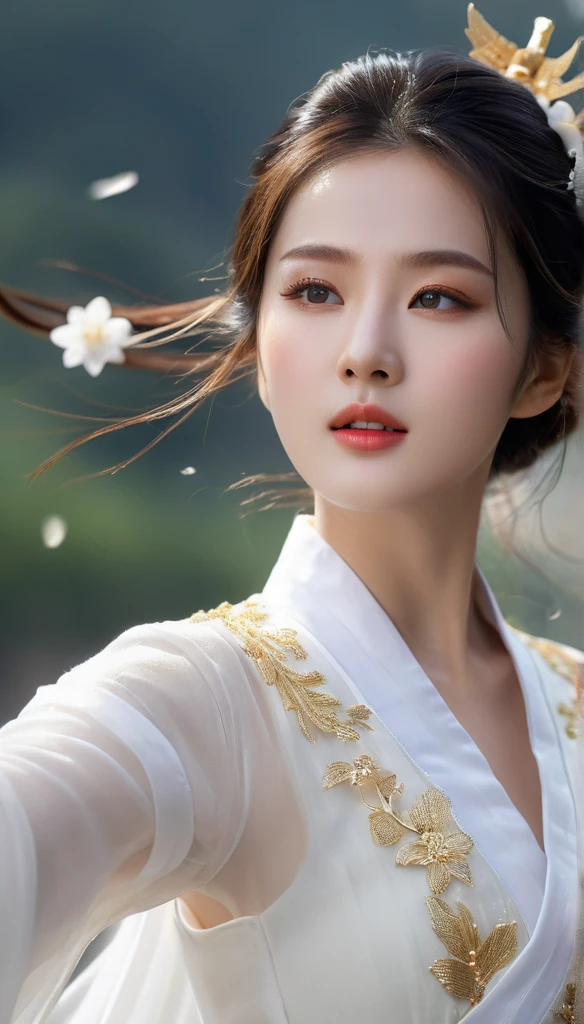 beautiful Korean woman, (((Mikamaria))), (motion blur:1.3), abnormally stunning beautiful face, black and white close-up,woman in intricate pure white hanbok dress, Flying in the air like a Chinese movie ,spinning frantically, translucent tingling air particles on dress hem, In her hand is a golden ancient Chinese sword,in ancient china, professional fashion photography,UHD, 4k, 8k