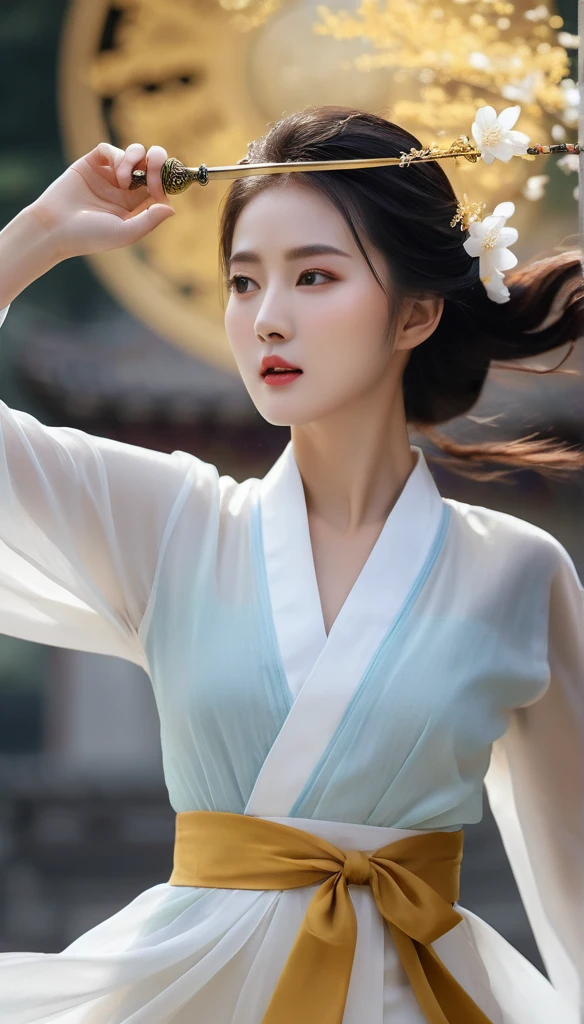 beautiful Korean woman, (((Mikamaria))), (motion blur:1.3), abnormally stunning beautiful face, black and white close-up,woman in intricate pure white hanbok dress, Flying in the air like a Chinese movie ,spinning frantically, translucent tingling air particles on dress hem, In her hand is a golden ancient Chinese sword,in ancient china, professional fashion photography,UHD, 4k, 8k