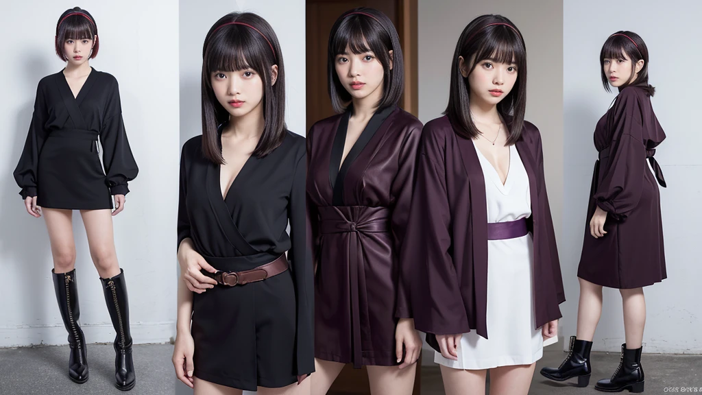 Urzan-6500-v1.1, (RAW Photos:1.2), (Photorealistic), (Genuine:1.4), (Pieces fly), Elegant woman with a perfect figure: 1.3, Jet Black Hair、((Straight bob hair with neatly trimmed ends、bangs、Red Hairband))、(She is wearing a deep purple furisode with an elegant pattern..)、Standing with the fan closed、Majestic Hall々, (A look full of murderous intent:1.2)、 Highly detailed face and skin, Beautiful Eyes, double eyelid, Full Body Shot:1.2、Wearing short boots、(1 person:1.4)、Cleavage、