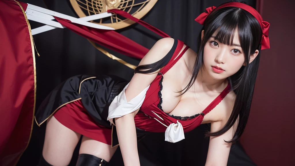 Urzan-6500-v1.1, (RAW Photos:1.2), (Photorealistic), (Genuine:1.4), (Pieces fly), Elegant woman with a perfect figure: 1.3, Jet Black Hair、((Straight bob hair with neatly trimmed ends、bangs、Red Hairband))、(She is wearing a deep purple furisode with an elegant pattern..)、Standing with the fan closed、Majestic Hall々, (A look full of murderous intent:1.2)、 Highly detailed face and skin, Beautiful Eyes, double eyelid, Full Body Shot:1.2、Wearing short boots、(1 person:1.4)、Cleavage、