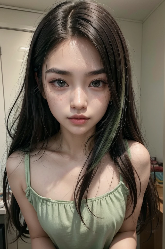 She has an oval face with high cheekbones, a defined jawline is Asian, japanese. His eyes are large and almond, black in color, with long eyelashes and thick, arched eyebrows, with a small scratch on his right eyebrow. His nose is small and straight, and she has full, wide lips. His hair is black with a green streak on the left side., short and smooth, usually worn loose with a fringe that partially covers the forehead. Her skin is fair with lots of freckles on her nose and rosy cheeks.. CROPPED SELFIE FROM TOP DOWN HOLDING PHONE