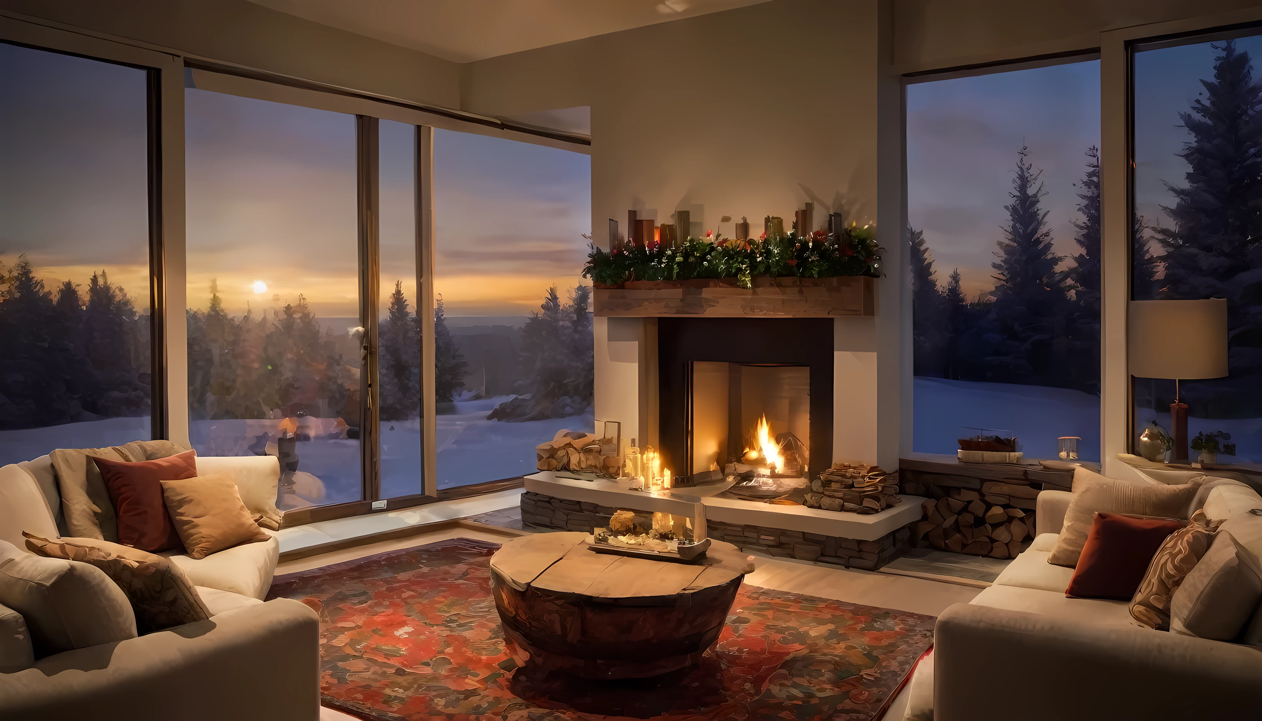 a living room with a rug and a fireplace and a large window, cozy setting, cozy and calm, cozy environment, cozy living room,  warm fireplace, cozy and peaceful atmosphere, 