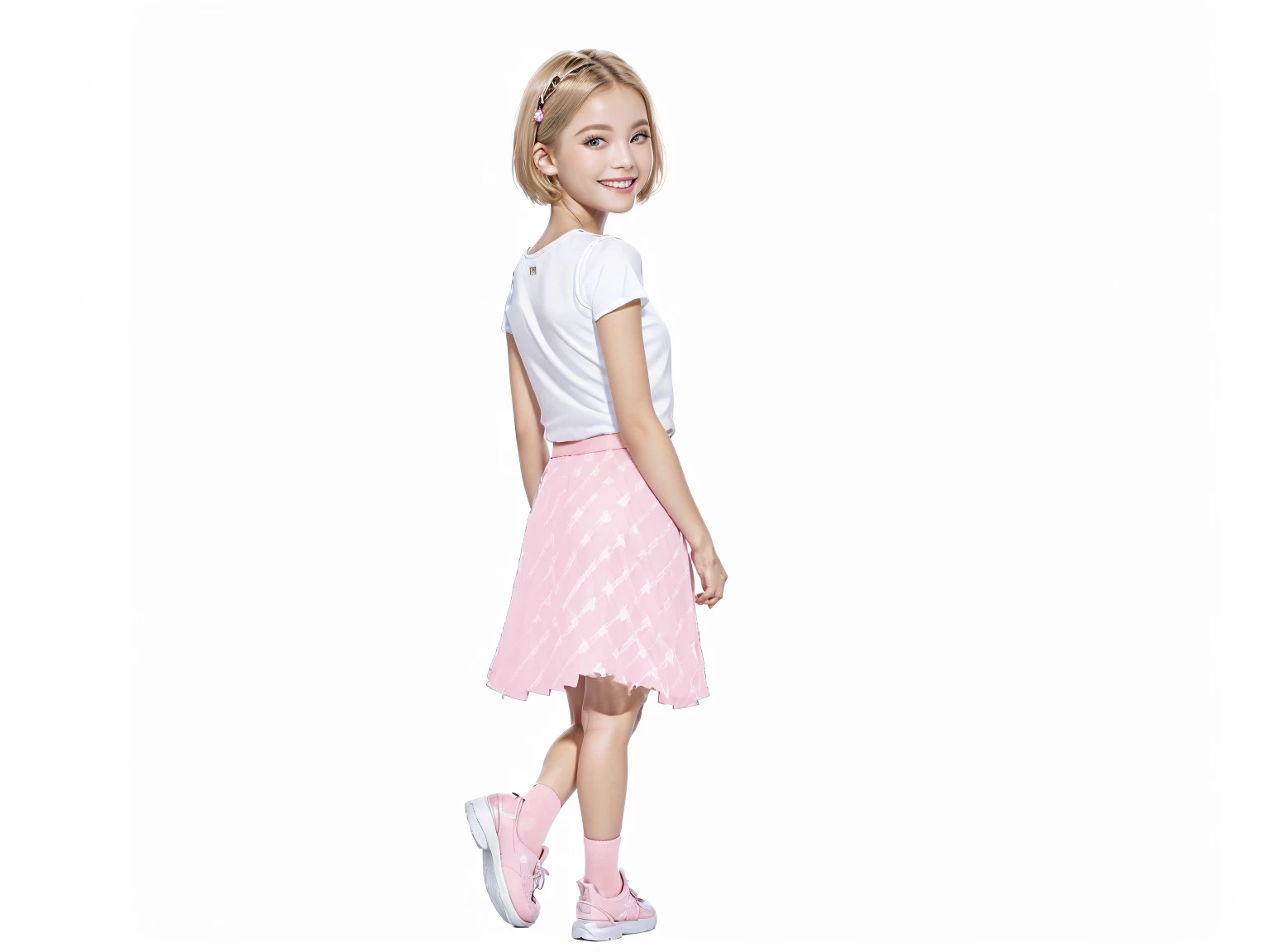 a 8 years old girl, ((having a lot of balloons)) , real photo, (((full body))), (looking back at me), twin tails, looking down at me,