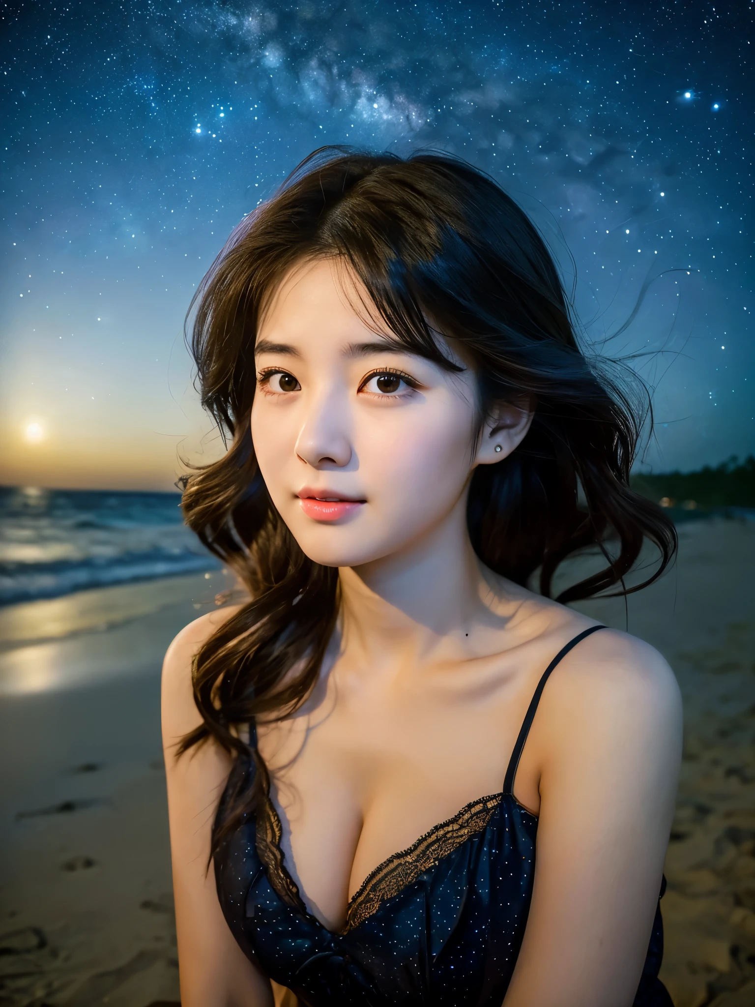 A very cute face like an idol、One 20-year-old woman with a youthful appearance、(Cleavage)、(((Beautiful starry sky on the beach at night)))、((Very dim lighting))、((Don&#39;t expose your face to the light))、((Long-distance shot))、RAW Photos、Genuine、live-action、(Artistic Expression)、High resolution、masterpiece