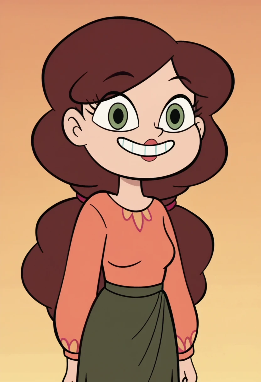 score_9, score_8_up, score_7_up, score_6_up, score_5_up, 1girl, angie diaz, standing, smile, green eyes, lipstick, green skirt, svtfoe style,
orange background,