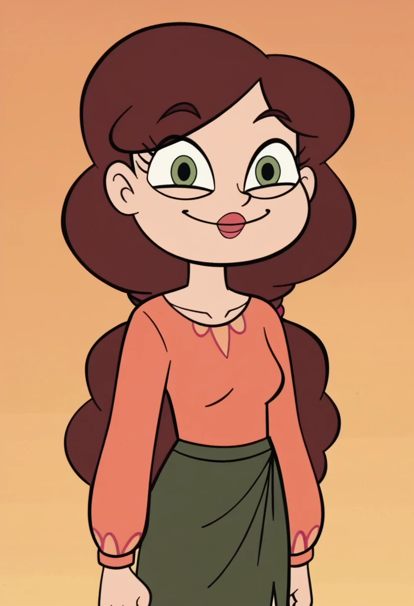 score_9, score_8_up, score_7_up, score_6_up, score_5_up, 1girl, angie diaz, standing, smile, green eyes, lipstick, green skirt, svtfoe style,
orange background,