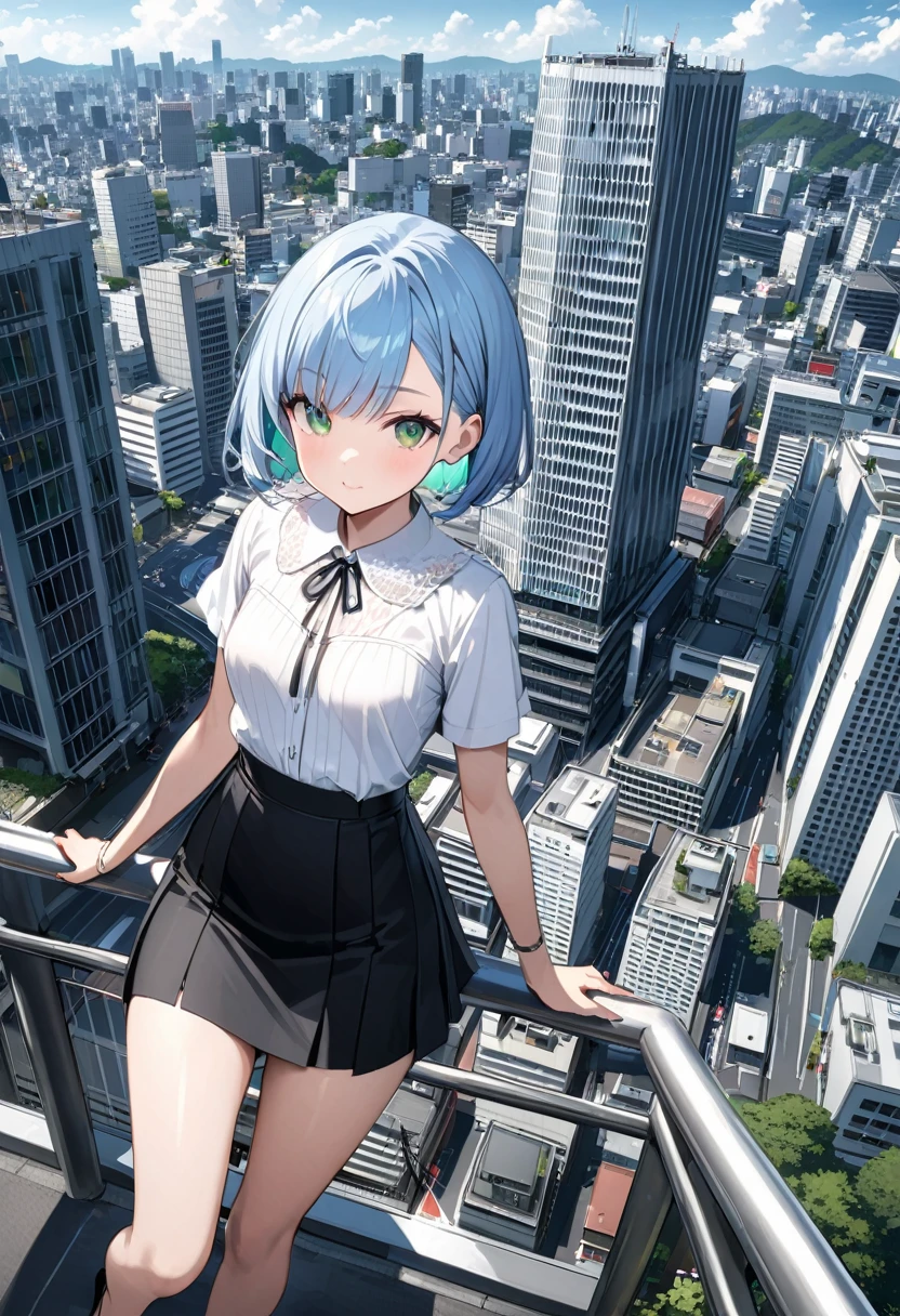 Light blue hair、Short Bob、Deep green eyes、Small breasts、White short sleeve blouse、Black tight skirt、Black pumps、Tokyo、Buildings、I&#39;m completely wet from the heavy rain、My hair is wet from the rain、My blouse got wet from the rain、Purple bra showing through、Covering head with both hands、Confused expression