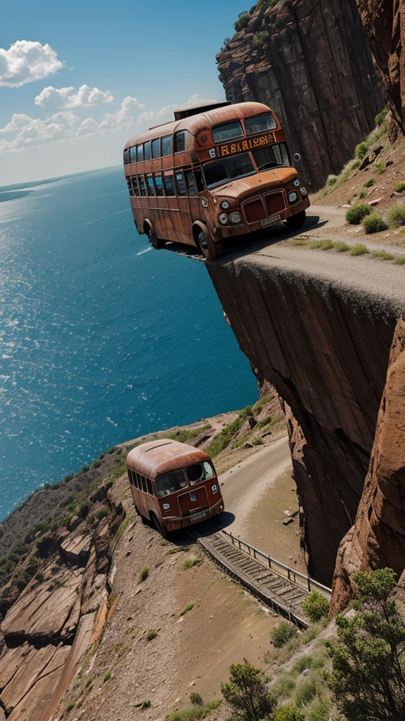 make a very real picture of a rusted long bus being stuck on a very high cliff, scary scenery, hyper-realistic, 16k