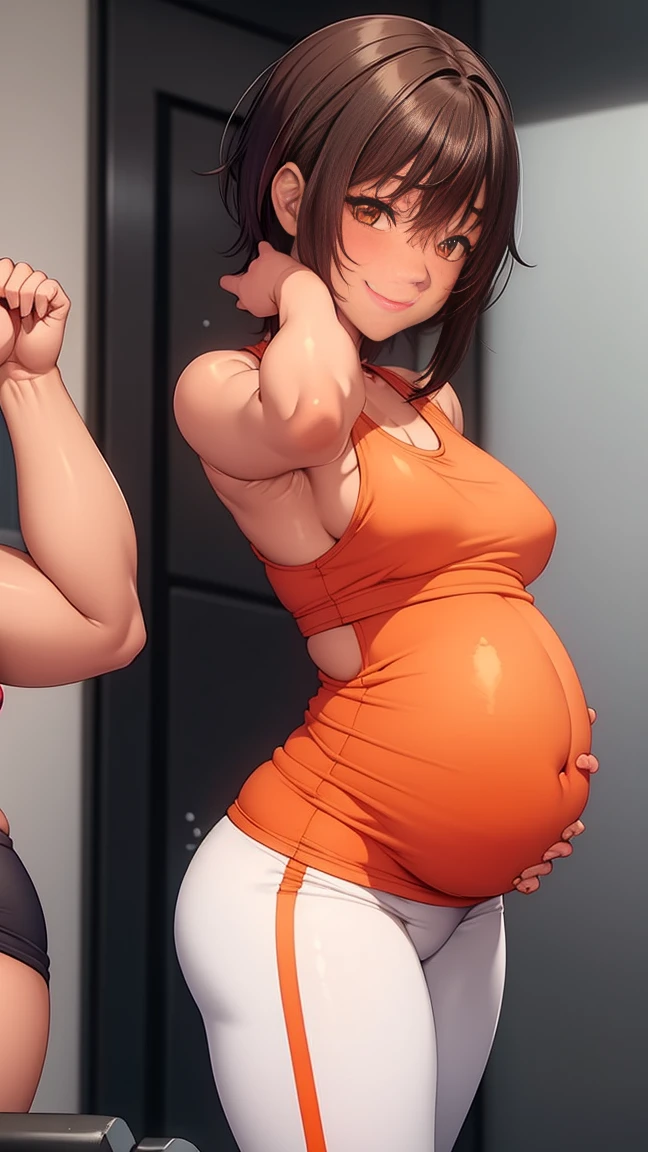 ((small breasts, bright Eyes, orange tank top, Pregnant, white yoga pants, tight clothes)), 1 girl, mqmf, standing, sexy, ((standing, gym background, pose)), with gym equipment, Mirrors, Shiori Nishimura, Dark skin, mujer de Dark skin, Alone, mujer madura Pregnant, swollen belly por embarazo y detallado, swollen belly,arm looking at the viewer, happy, SMILE, Alone, blush, pink lipstick,
Brown hair, short hair, make up, Brown eyes, Perfect eyes, Perfect face, detailed face, years