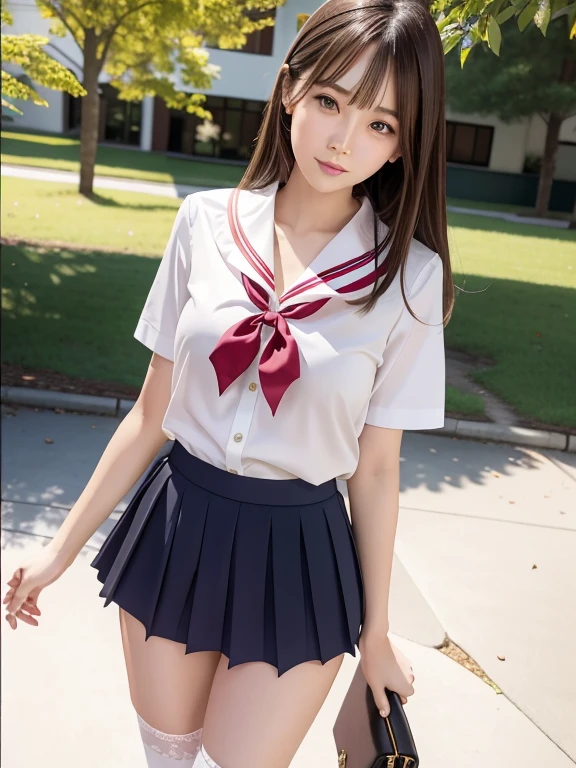 (best quality:1.2), (masterpiece:1.2), full body, very detailed, high resolution, 8k, ((1 girl)), (cute Japanese woman), (cute 24 year old beauty), Round face, cute round face, slim body, (slightly saggy medium breasts), thin lips, detailed face, Beautiful and elegant face, cute face, natural bangs, arched eyebrows, well-groomed eyebrows, (big eyes with a good balance between the left and right sides), cute eyes, beautiful eyes, beautiful thin nose, beautiful face line, (beautiful skin), medium hair, ((natural bangs)), slim figure, beautiful legs, smooth skin , slim and beautiful thighs, cute and sexy slim 24 year old woman, fair skin, Beautiful breasts, medium breasts, I-type Valley, cleavage, (The best lighting:1.5), (Slender and slim body:1.5), (Slim waist), (slim hips), Black hair, brunette hair, (Round face:1.4), ((underboob)), Black hair, , high , sailor suit, pleated micro mini skirt, white blouse, ribbon, See-through stockings with lace, Beautiful navel,