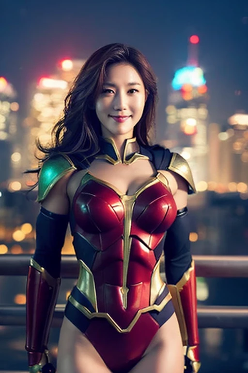 Super Heroine、Beautiful body、Tough face、Muscular and plump body、hero costume、Wavy hair、High definition、Masterpiece、Photorealistic、smile、pose、Night City、Adult eroticism