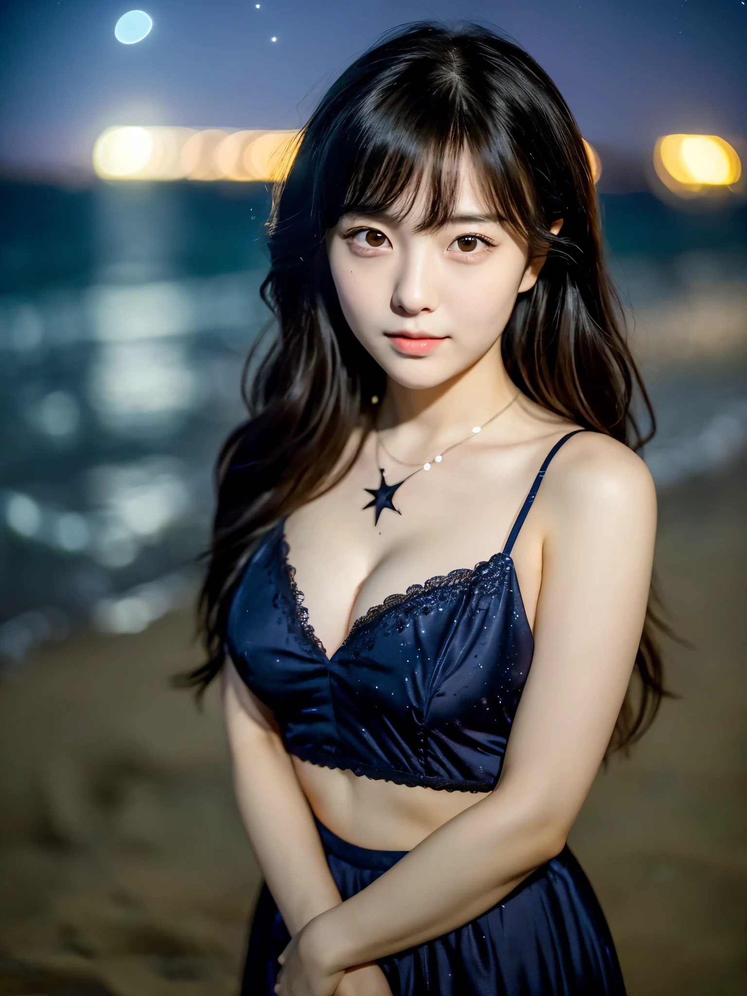 A very cute face like an idol、One 20-year-old woman with a youthful appearance、(Cleavage)、(((Beautiful starry sky on the beach at night)))、((Very dim lighting))、((cinematic lighting))、((Don&#39;t expose your face to the light))、((Long-distance shot))、RAW Photos、Genuine、live-action、(Artistic Expression)、High resolution、masterpiece