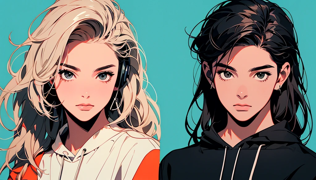 2D illustration, アニメ, Manga style, whole body,ASİAN, Bishamon from noragami, 1 Girl, Big Hair, Shortcuts, {{full name eyes}}, create, High resolution, masterpiece, Highest quality, High detail, High detailed eyes, Grain Filter, Detailed Lips, High resolution, Super detailed, Portraiture, Realistic ratio, Anatomically correct, Beautiful young woman, Erin Moriarty pairing:0.7, joey king:0.5, Sydney Sweeney:0.whole bodyポートレート, Illustrator, アニメ , Realistic ,sketch , 1 Boy, hoodie,Order, Blue gradient background, Neon Hair,Textured Trim, (masterpiece,Highest quality), lofi, Battle DJ boy in HIPHOP fashion wearing DJ headphones