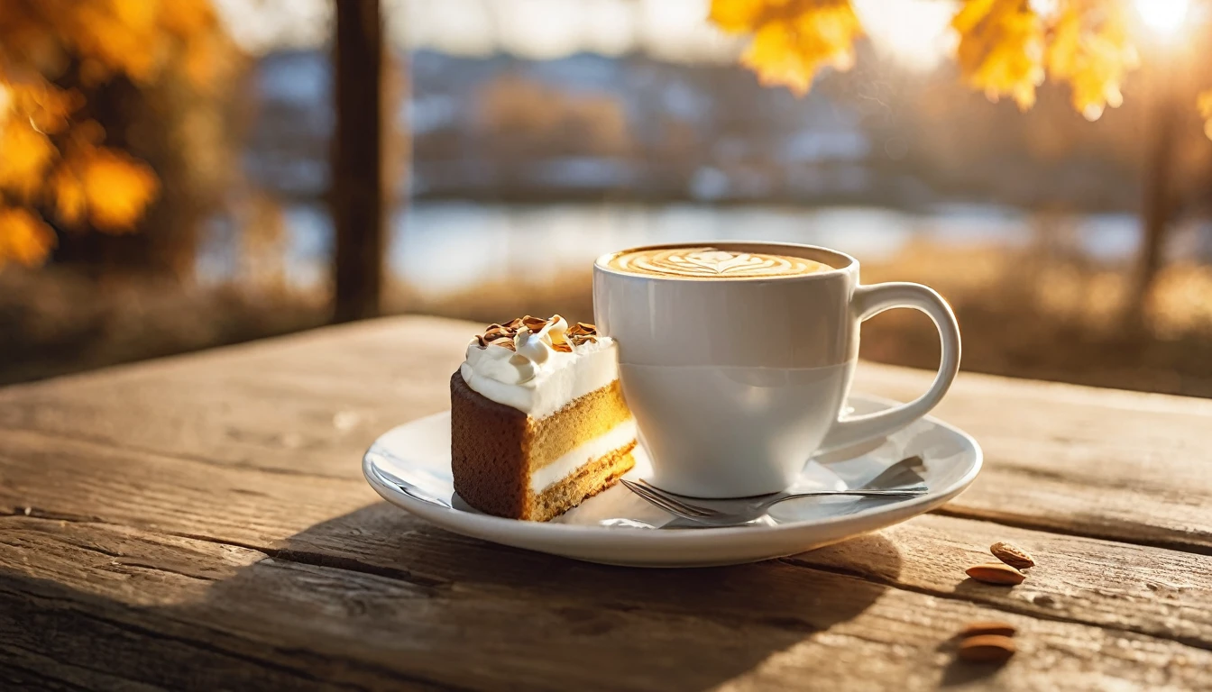 Create an image of a cozy fall-themed atmosphere featuring a one white cup with heart-shaped latte art on it, placed on a wooden table surface. beside the cup, there was a piece of cake with triangle slice layered with white cream,there are some whole and shelled almonds, adding to the warm and inviting atmosphere. This scene is bathed in soft sunlight
