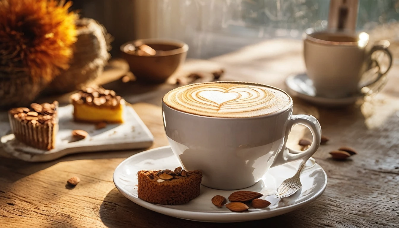 Create an image of a cozy fall-themed atmosphere featuring a one white cup with heart-shaped latte art on it, placed on a wooden table surface. beside the cup, there was a piece of cake with triangle slice layered with white cream,there are some whole and shelled almonds, adding to the warm and inviting atmosphere. This scene is bathed in soft sunlight