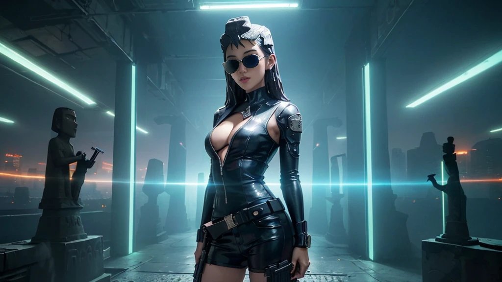 At night, dark sky, aerial view of fantasy cyberpunk style ((Moai-statue)) city, ((flying vehicle)). ((1girl, solo, alone)), photo realistic, medium-breast:1.1 slim body, cleavage, sexy clothes, (black sunglasses), (((hip-up standing and pistol aiming pose))), half-body thigh level medium shot, cinematic lighting.