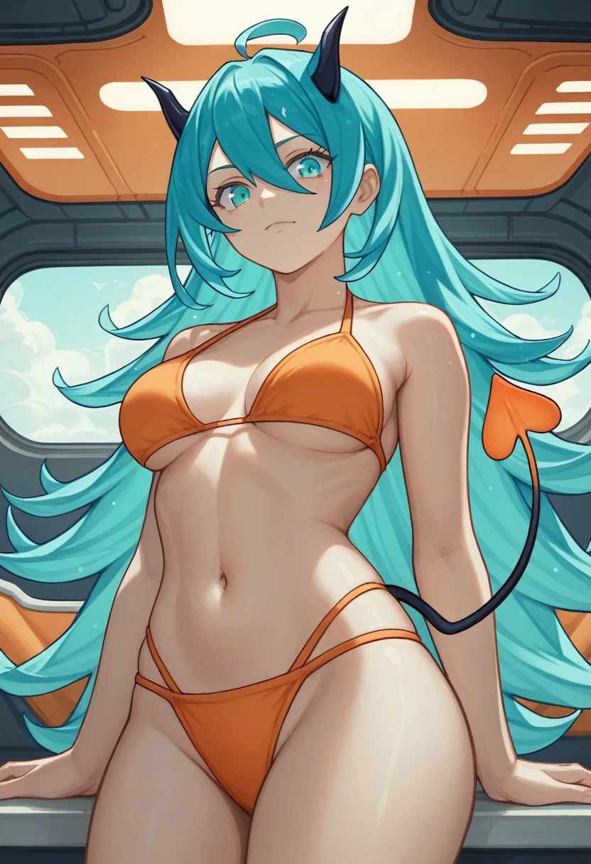 score_9, score_8_up, score_7_up,1 daemon woman, black horns, black demon tail, (aquamarine hair),aquamarine green color hair,ahoge, long hair, (long hair),bangs, light orange bikini, bikini is orange, bikini orange, orange bikini!, (aquamarine eyes), background is spaceship, aquamarine eyes, 1woman ,facing viewer, daemon girl, close up,Well-endowed, alone, Spacecraft interior, sexy pose