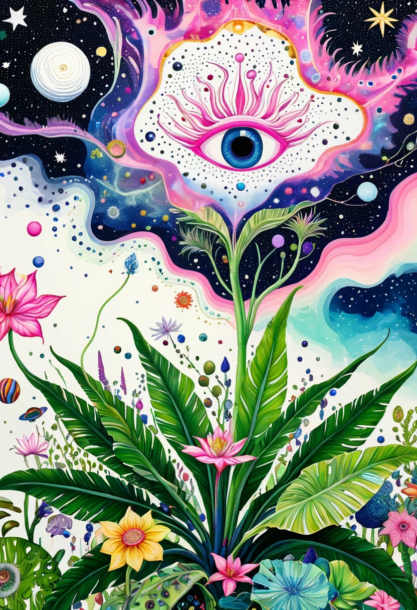 intense visuals，Multi-element fusion，bud，microorganism、plant、Marine life、(((Eyes in the palm)))、Starry Sky，Stitching together an abstract painting，Describing the inner world of autistic people，(((Sense of space，White Space,clean，Anti-aliasing，)))，Pointillism method，Density，Psychedelic Art，pink