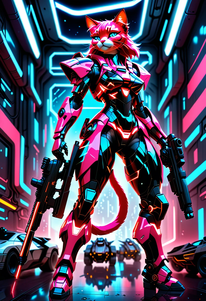 ((Masterpiece)), (Best Quality), (Cinematic),(highly accurate drawing in every detail)(extremely precise representation)full_body_portrait,space age retro future vibe, a stunning red cat in dressed in cool spacy synthetic magenta and neon-pink mecha armor with several glowing markings and nozzles,hoes and mechanic parts shooting a futuristic rifle in front of flat futuristic art background.