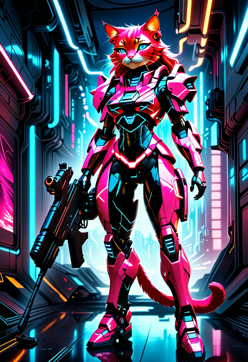 ((Masterpiece)), (Best Quality), (Cinematic),(highly accurate drawing in every detail)(extremely precise representation)full_body_portrait,space age retro future vibe, a stunning red cat in dressed in cool spacy synthetic magenta and neon-pink mecha armor with several glowing markings and nozzles,hoes and mechanic parts shooting a futuristic rifle in front of flat futuristic art background.