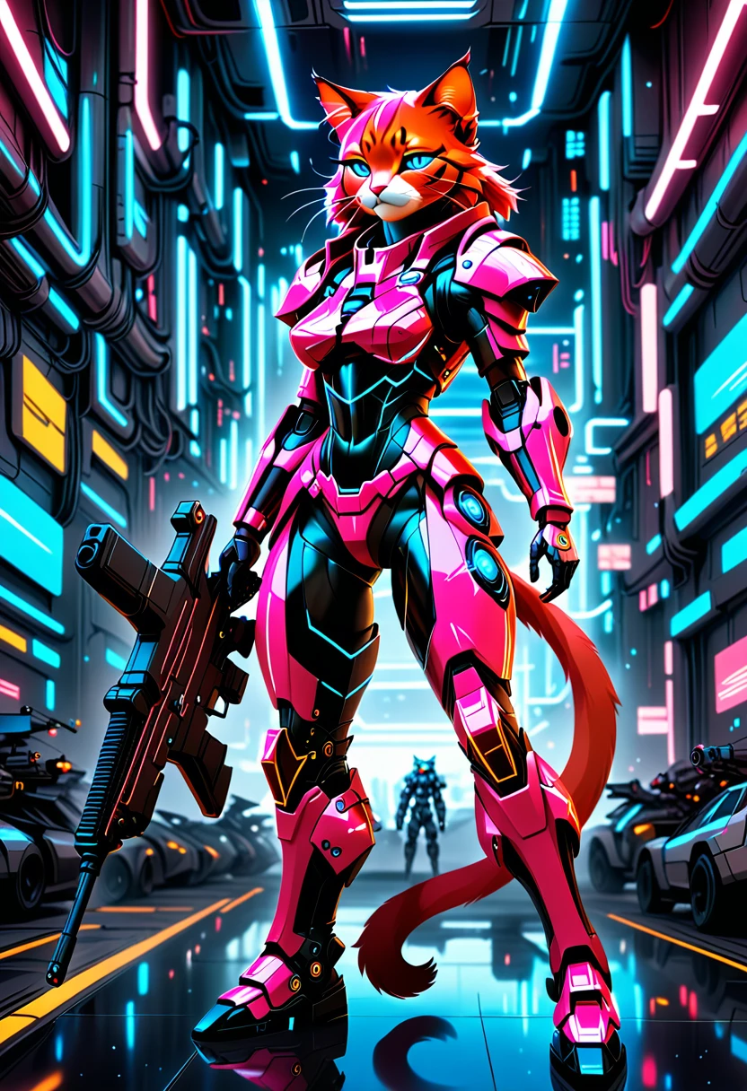 ((Masterpiece)), (Best Quality), (Cinematic),(highly accurate drawing in every detail)(extremely precise representation)full_body_portrait,space age retro future vibe, a stunning red cat in dressed in cool spacy synthetic magenta and neon-pink mecha armor with several glowing markings and nozzles,hoes and mechanic parts shooting a futuristic rifle in front of flat futuristic art background.